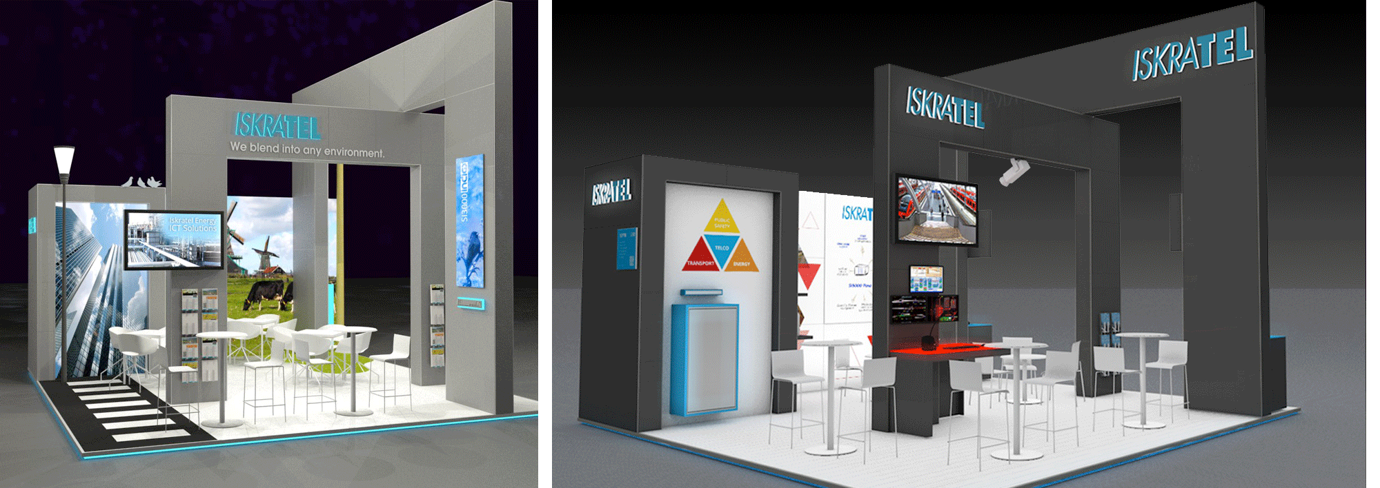 ISKRATEL, projekt celostne arhitekturno grafične zasnove sejemske predstavitve, MWC Barcelona, FTTH Luxemburg