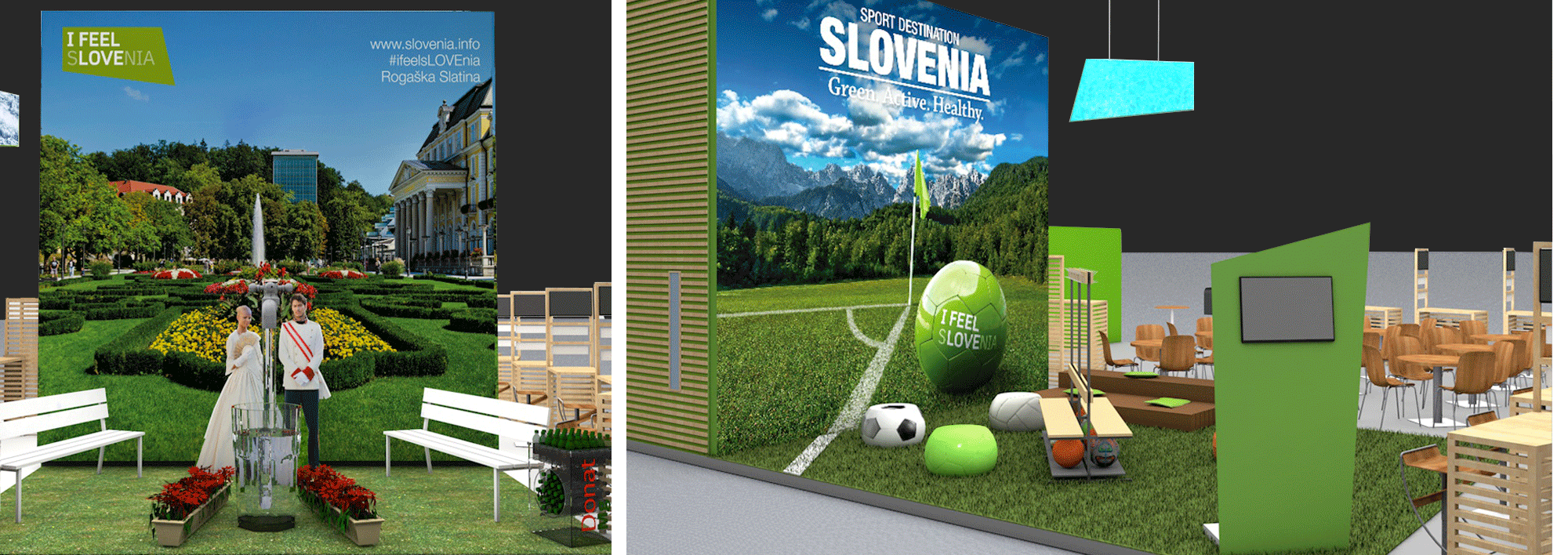 Slovenska turistična organizacija, projekt interiera sejemske stojnice, MITT Moskva, WTM London